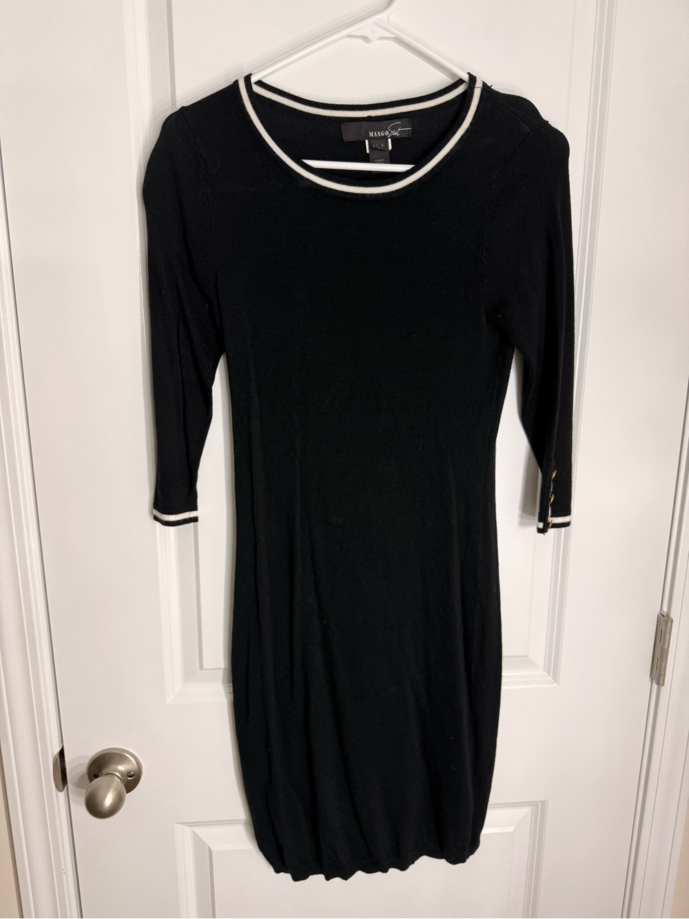 Mango Black Midi Knit Dress with White Trim